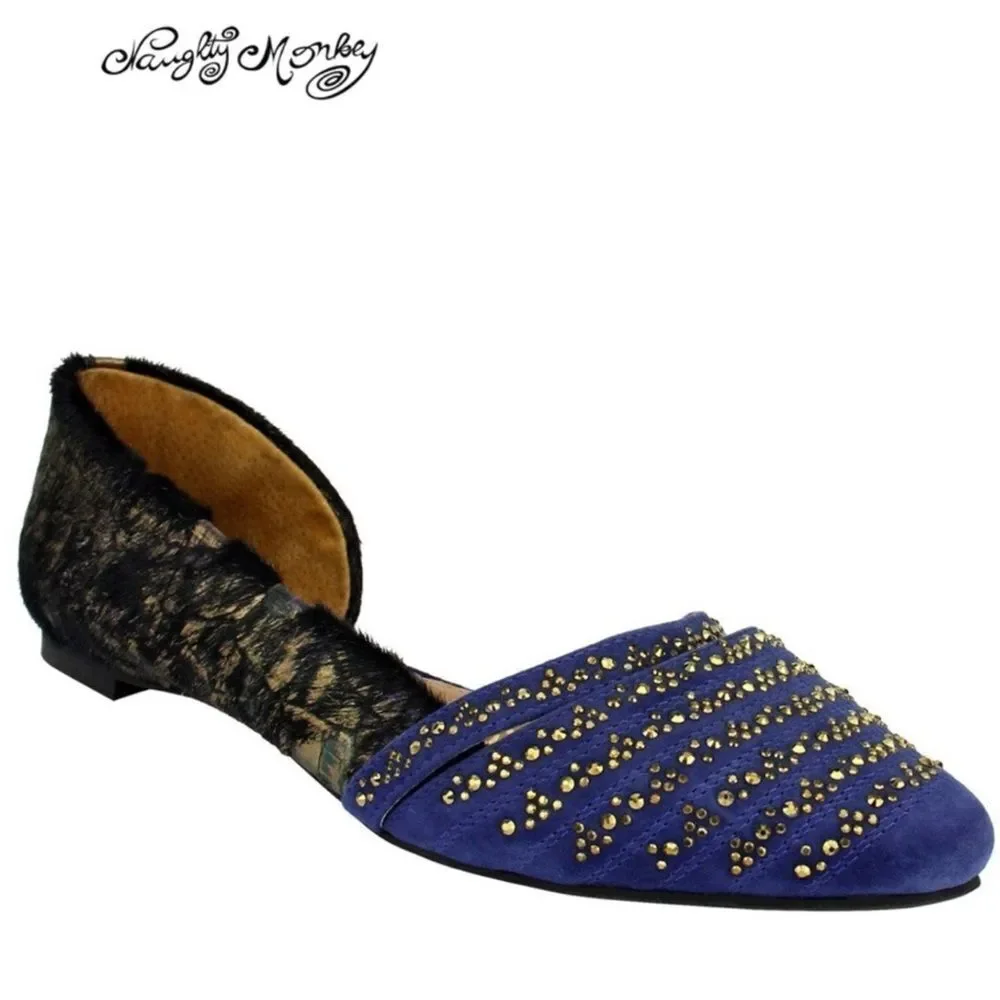 Blue Suede Studded Ballet Slip On Loafer Flats NEW
